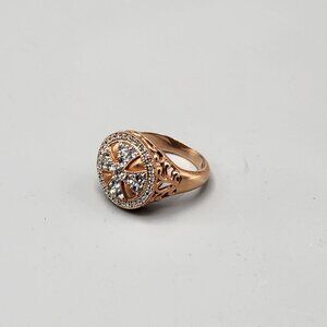 Rose Gold Plated Cross Statement Ring Clear Stones Size 5.75 Round 925 Sterling